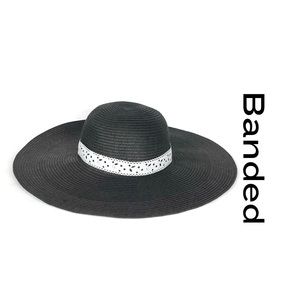 Banded Black Straw Wide Brim Beach Hat • Excellent Condition • NWOT!!